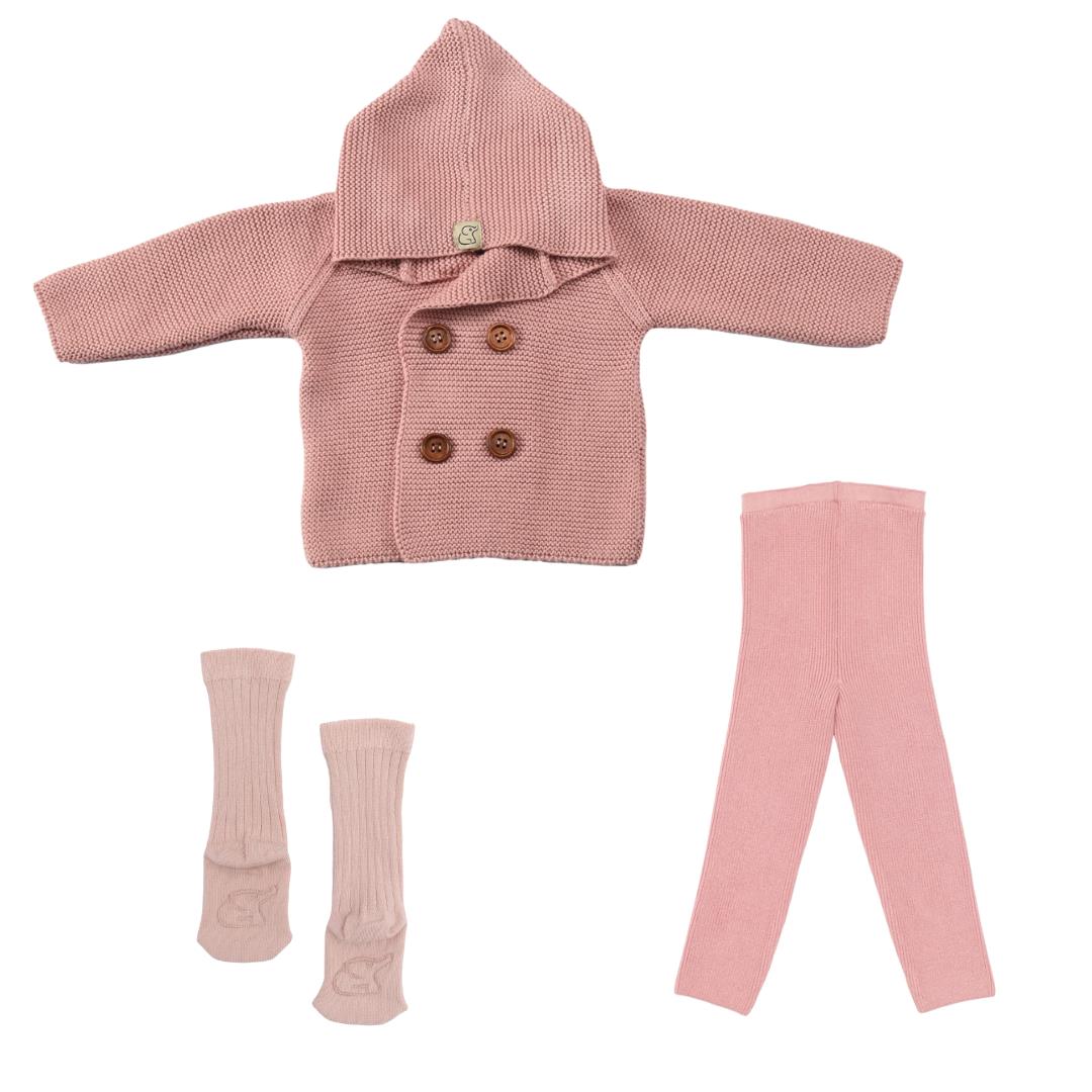 Double Breasted Hooded Cardigan Pants Socks Gift Set Pink - EFENDINA PAZAR - BABOO - 8691810008687