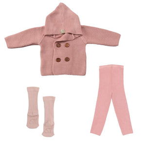 Double Breasted Hooded Cardigan Pants Socks Gift Set Pink - EFENDINA PAZAR - BABOO - 8691810008687