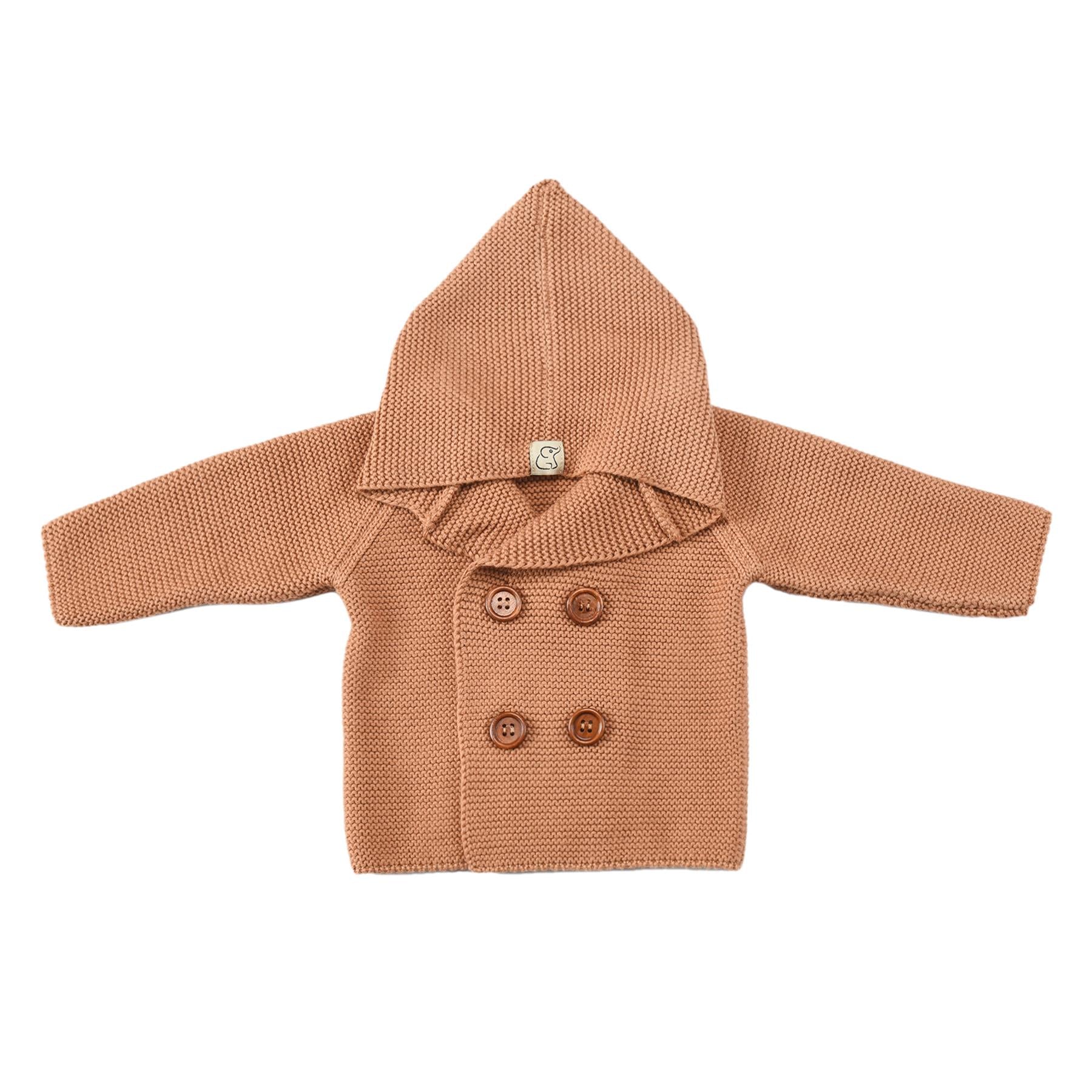 Double Breasted Hooded Organic Cotton Baby and Kids Cardigan Brown - EFENDINA PAZAR - BABOO - 8691810001299