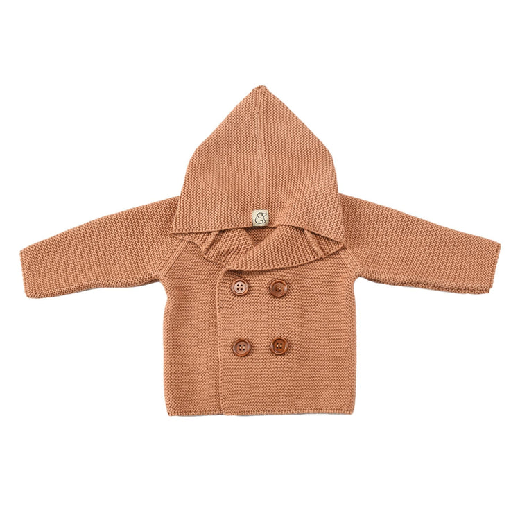 Double Breasted Hooded Organic Cotton Baby and Kids Cardigan Brown - EFENDINA PAZAR - BABOO - 8691810001299