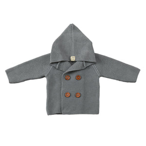 Double Breasted Hooded Organic Cotton Baby and Kids Cardigan Gray - EFENDINA PAZAR - BABOO - 8691810001343