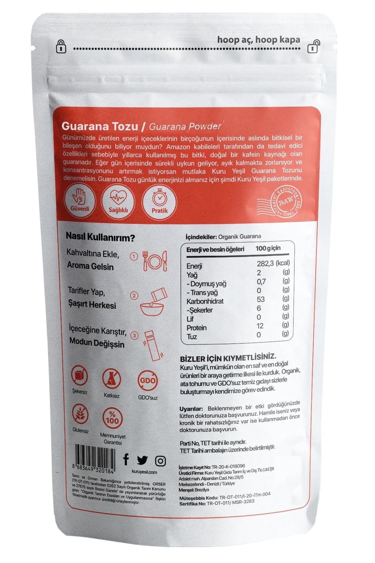 Kuru Yeşil Organic Guarana Powder 100 g