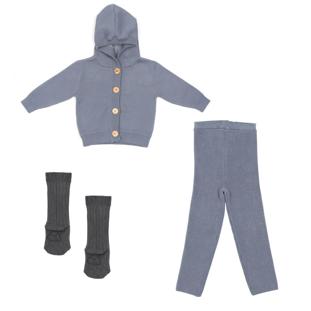 Hooded Cardigan Pants Socks Gift Set Blue - EFENDINA PAZAR - BABOO - 8691810008991