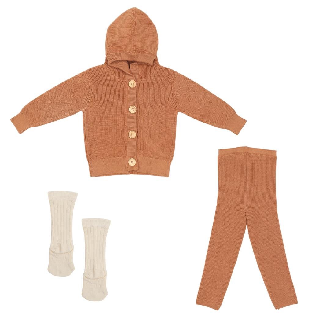 Hooded Cardigan Pants Socks Gift Set Brown - EFENDINA PAZAR - BABOO - 8691810009370