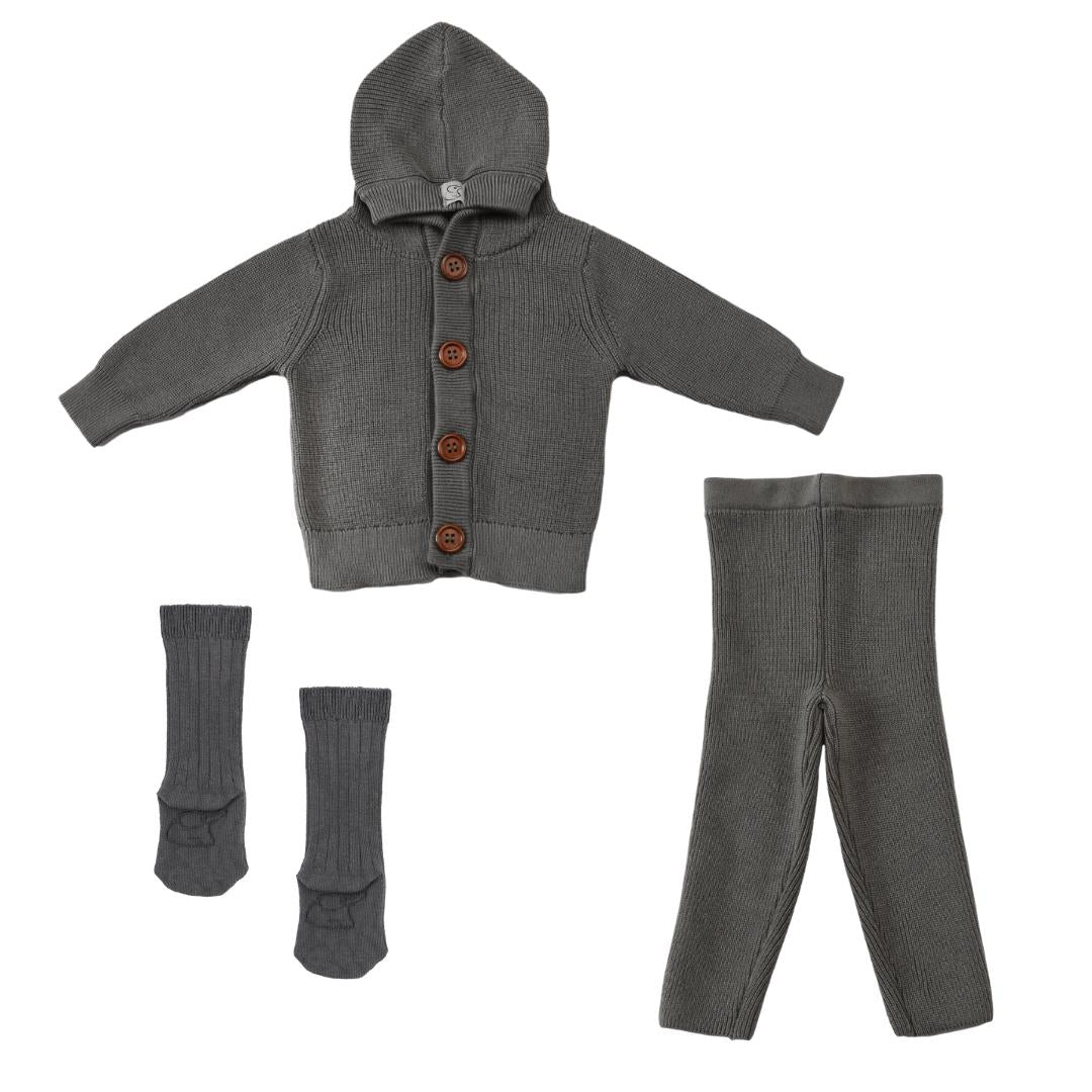 Hooded Cardigan Pants Socks Gift Set Gray - EFENDINA PAZAR - BABOO - 8691810009752