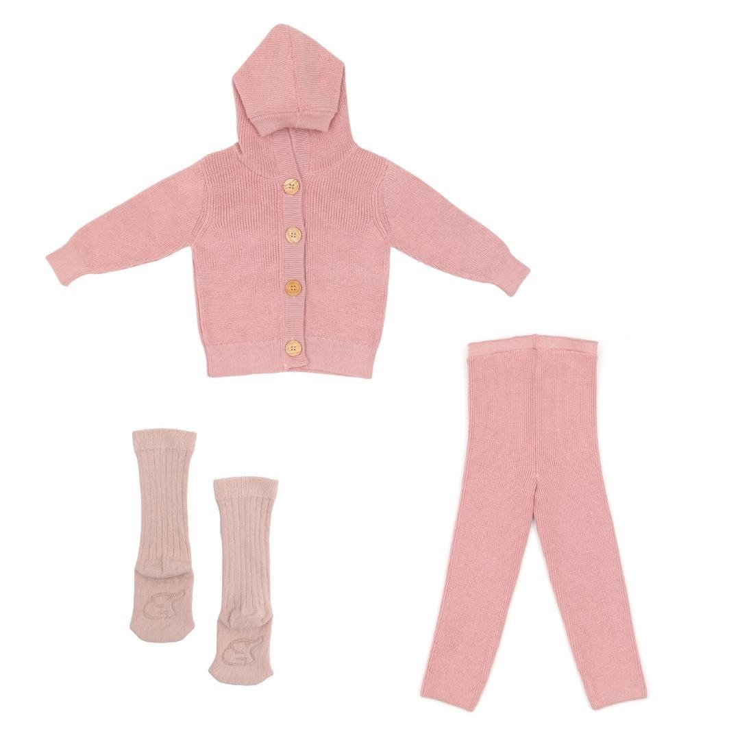 Hooded Cardigan Pants Socks Gift Set Pink - EFENDINA PAZAR - BABOO - 8691810008588