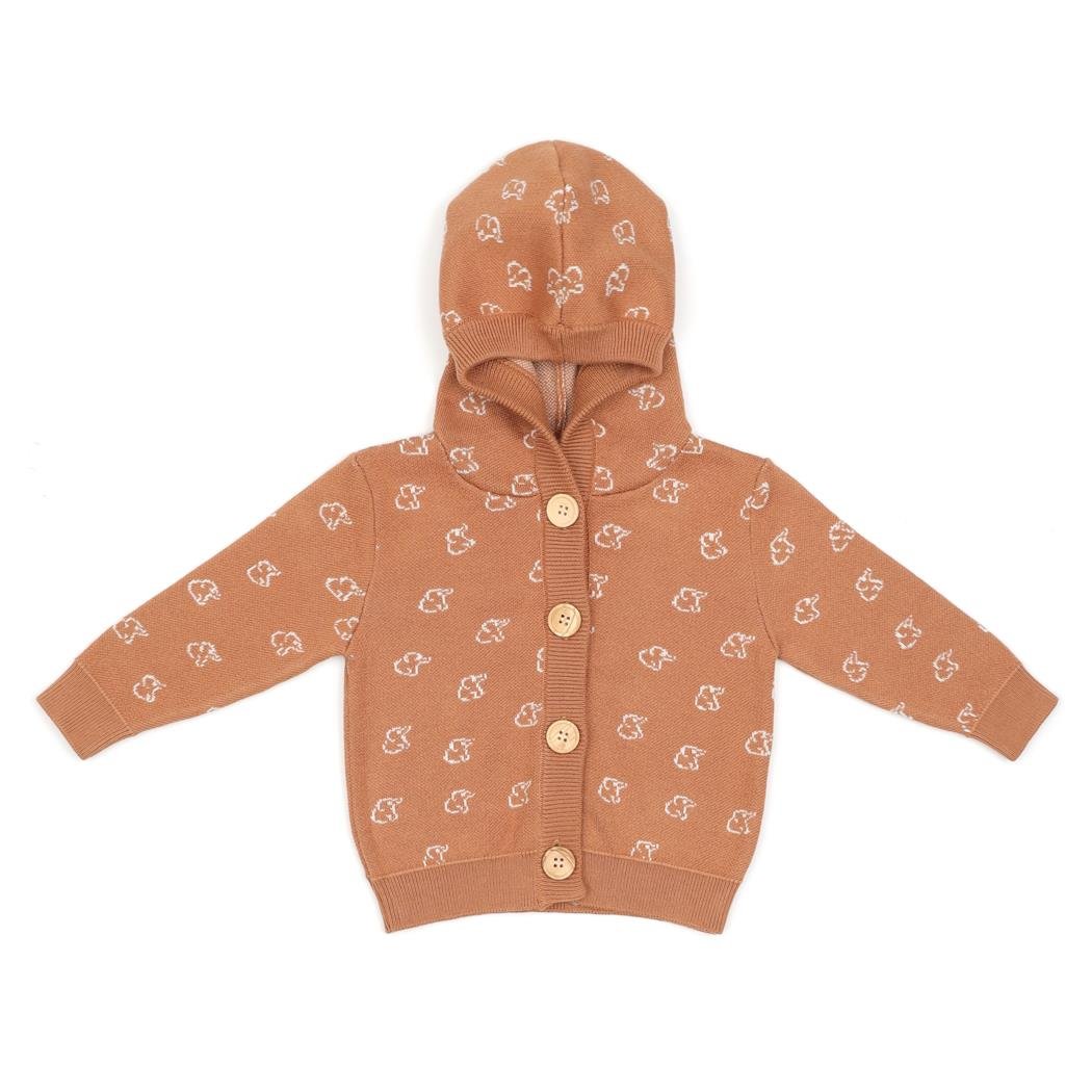 Hooded Patterned Organic Cotton Baby and Kids Cardigan Brown - EFENDINA PAZAR - BABOO - 8682291519625