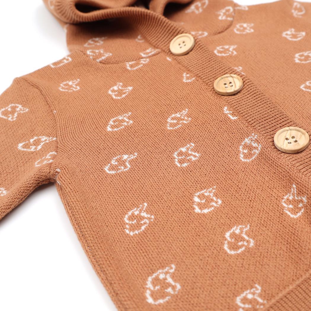 Hooded Patterned Organic Cotton Baby and Kids Cardigan Brown - EFENDINA PAZAR - BABOO - 8682291519625