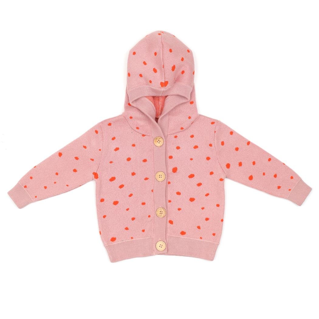Hooded Patterned Organic Cotton Baby and Kids Cardigan Pink - EFENDINA PAZAR - BABOO - 8682291519571