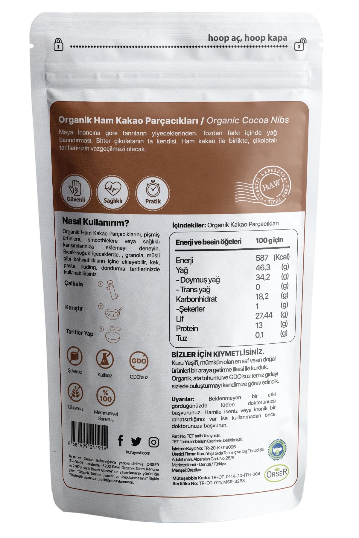 Kuru Yeşil Dry Green Organic Raw Cacao Nibs 150 g