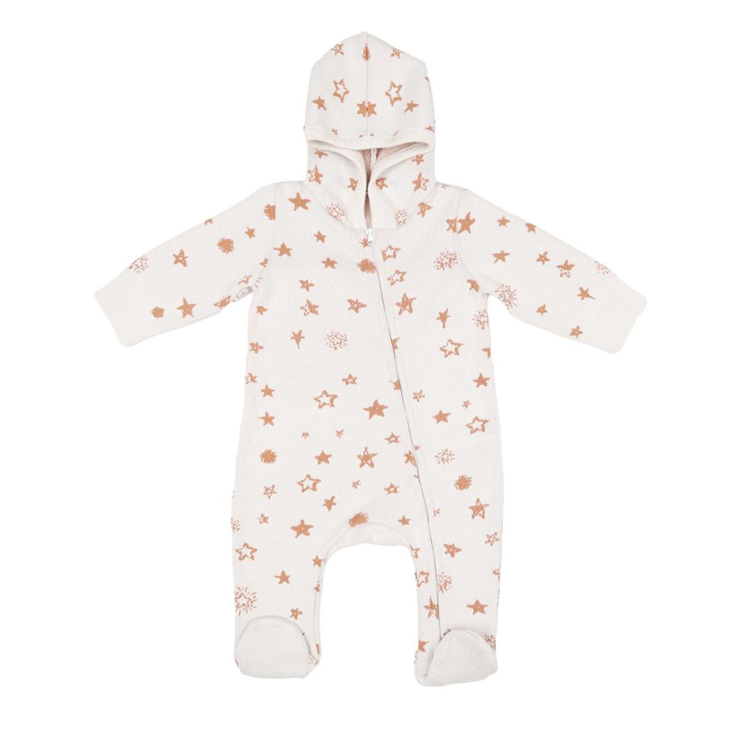 Hooded Patterned Organic Cotton Baby Knitted Jumpsuit Cream
