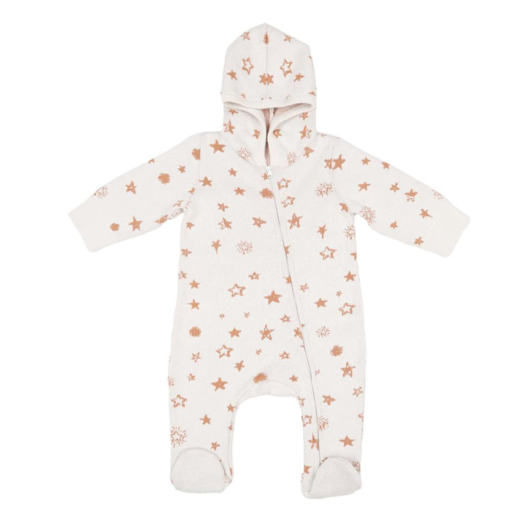 Hooded Patterned Organic Cotton Baby Knitted Jumpsuit Cream