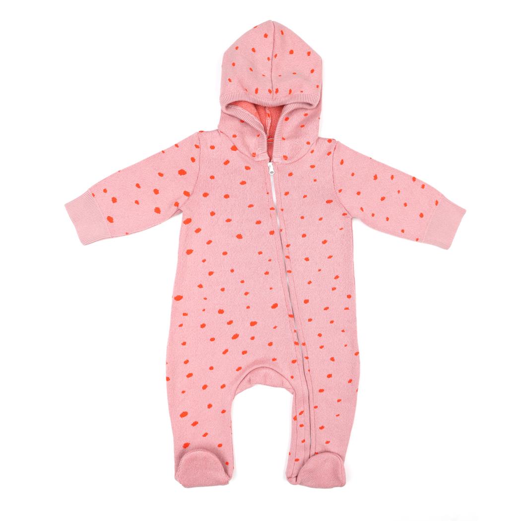 Hooded Patterned Organic Cotton Baby Knitted Jumpsuit Pink