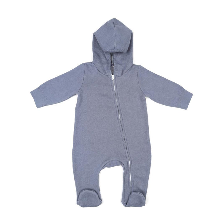 Hooded Patterned Organic Cotton Baby Knitted Jumpsuit Blue