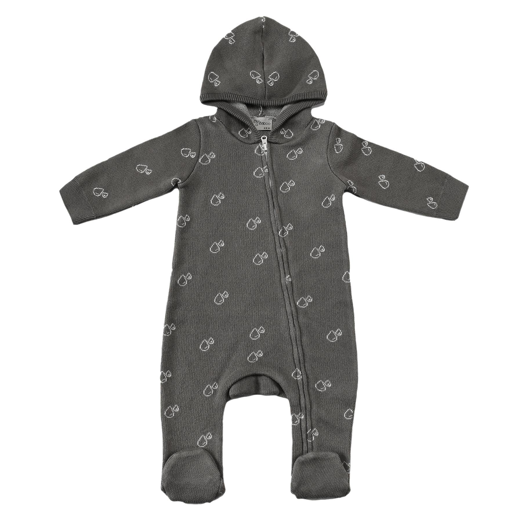 Hooded Patterned Organic Cotton Baby Knitted Jumpsuit Gray