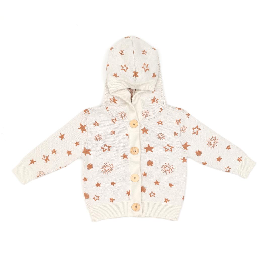 Hooded Patterned Organic Cotton Baby and Kids Cardigan Cream