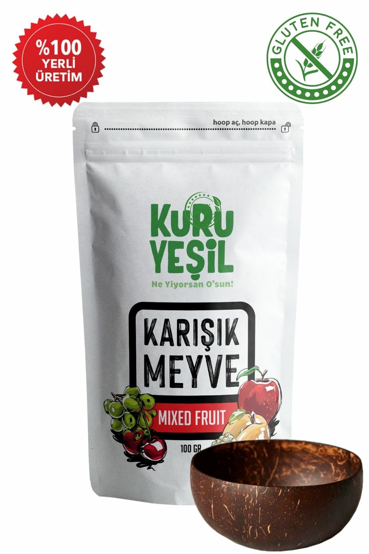 Kuru Yeşil Mixed Dried Fruit 100 g and Jumbo Size Coconut Bowl