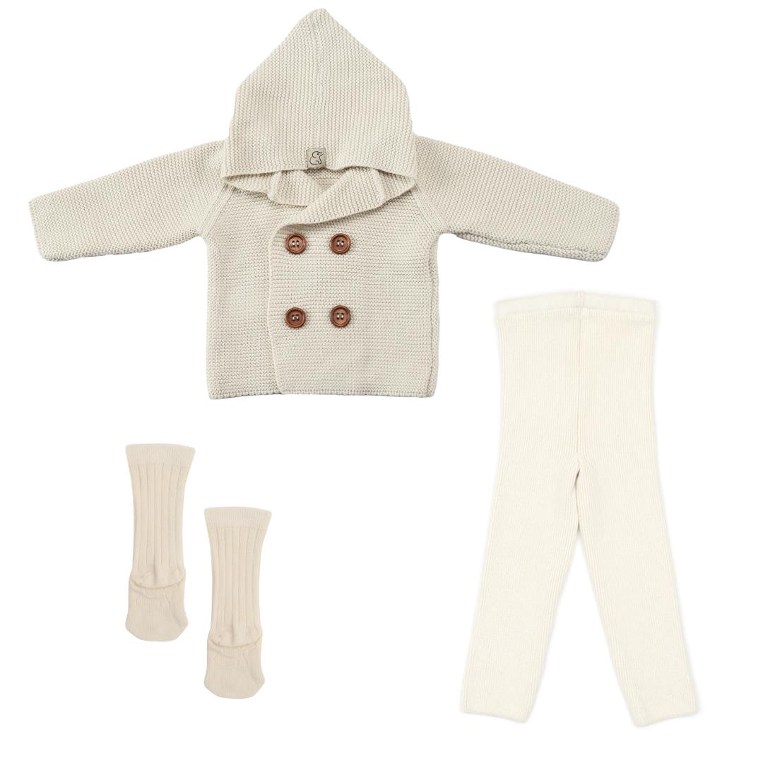 Double Breasted Hooded Cardigan Pants Socks Gift Set Cream