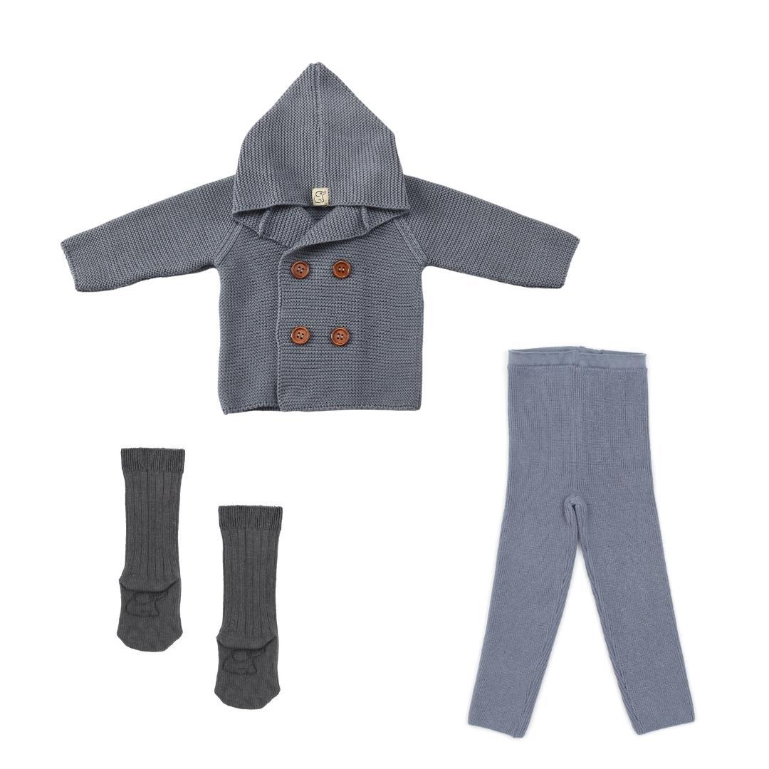 Double Breasted Hooded Cardigan Pants Socks Gift Set Blue
