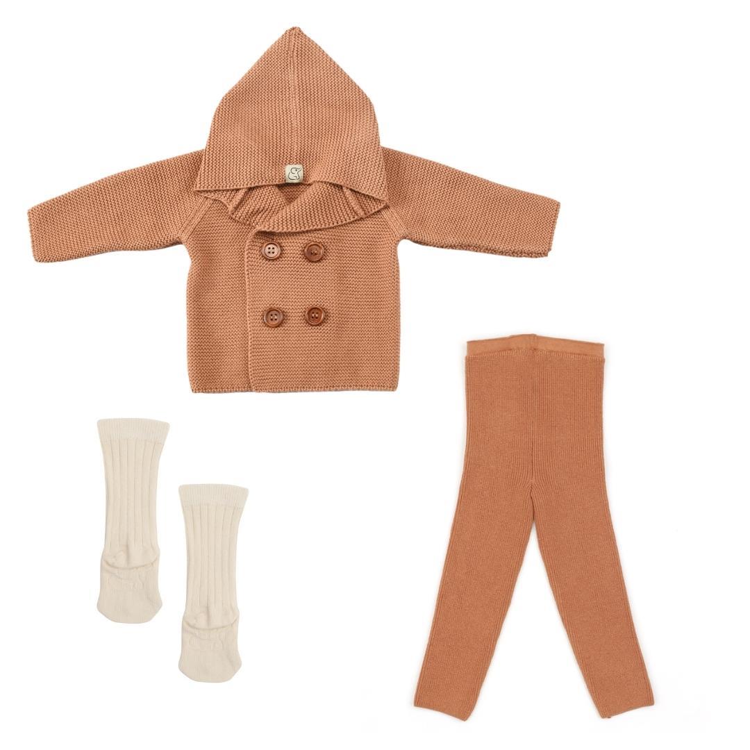 Double Breasted Hooded Cardigan Pants Socks Gift Set Brown