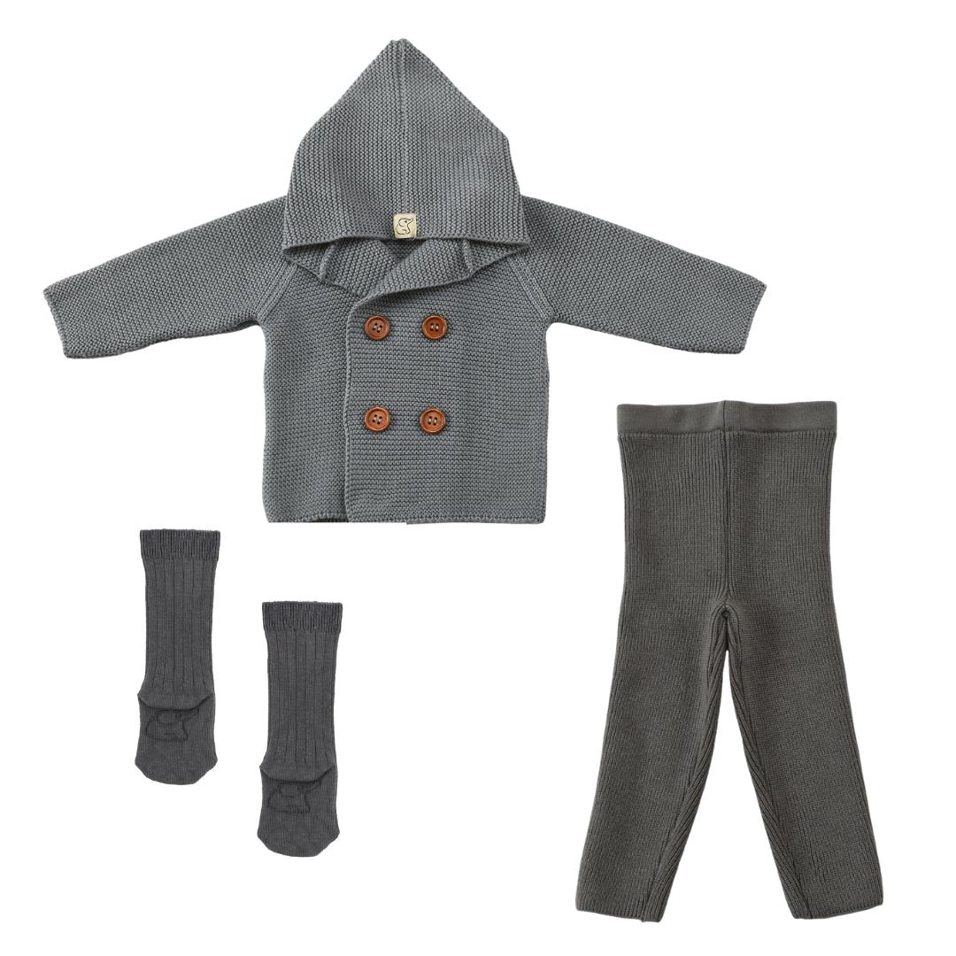 Double Breasted Hooded Cardigan ,Pants, Socks, Gift Set Gray