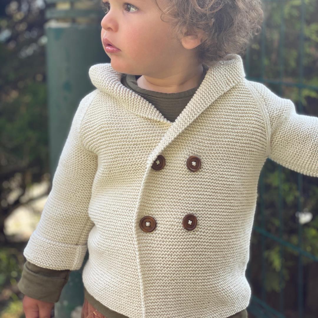 Double Breasted Hooded Organic Cotton Baby  Cardigan Cream