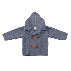 Double Breasted Hooded Organic Cotton Baby Cardigan Blue