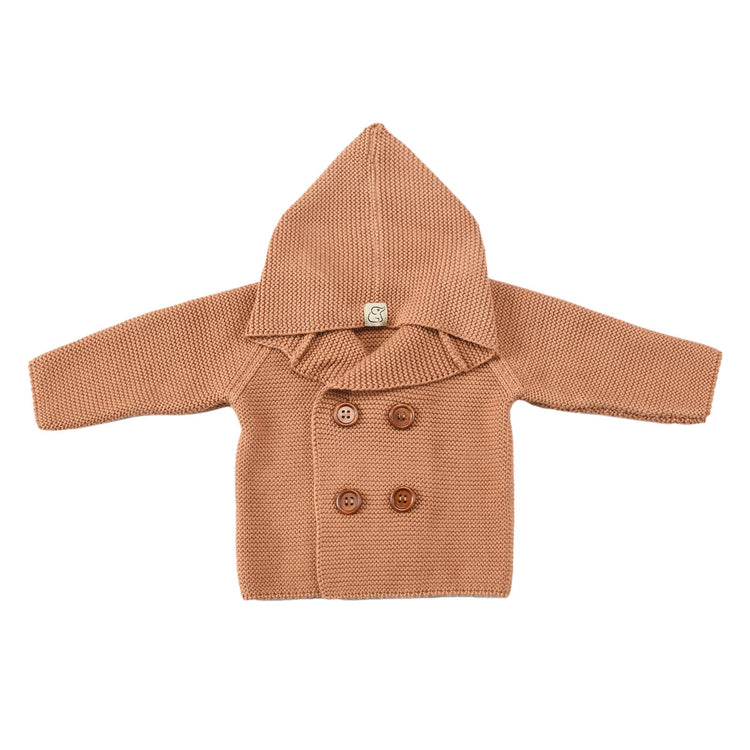 Double Breasted Hooded Organic Cotton Baby Cardigan Brown