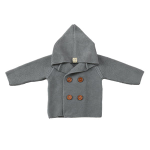 Double Breasted Hooded Organic Cotton Baby and Kids Cardigan Gray
