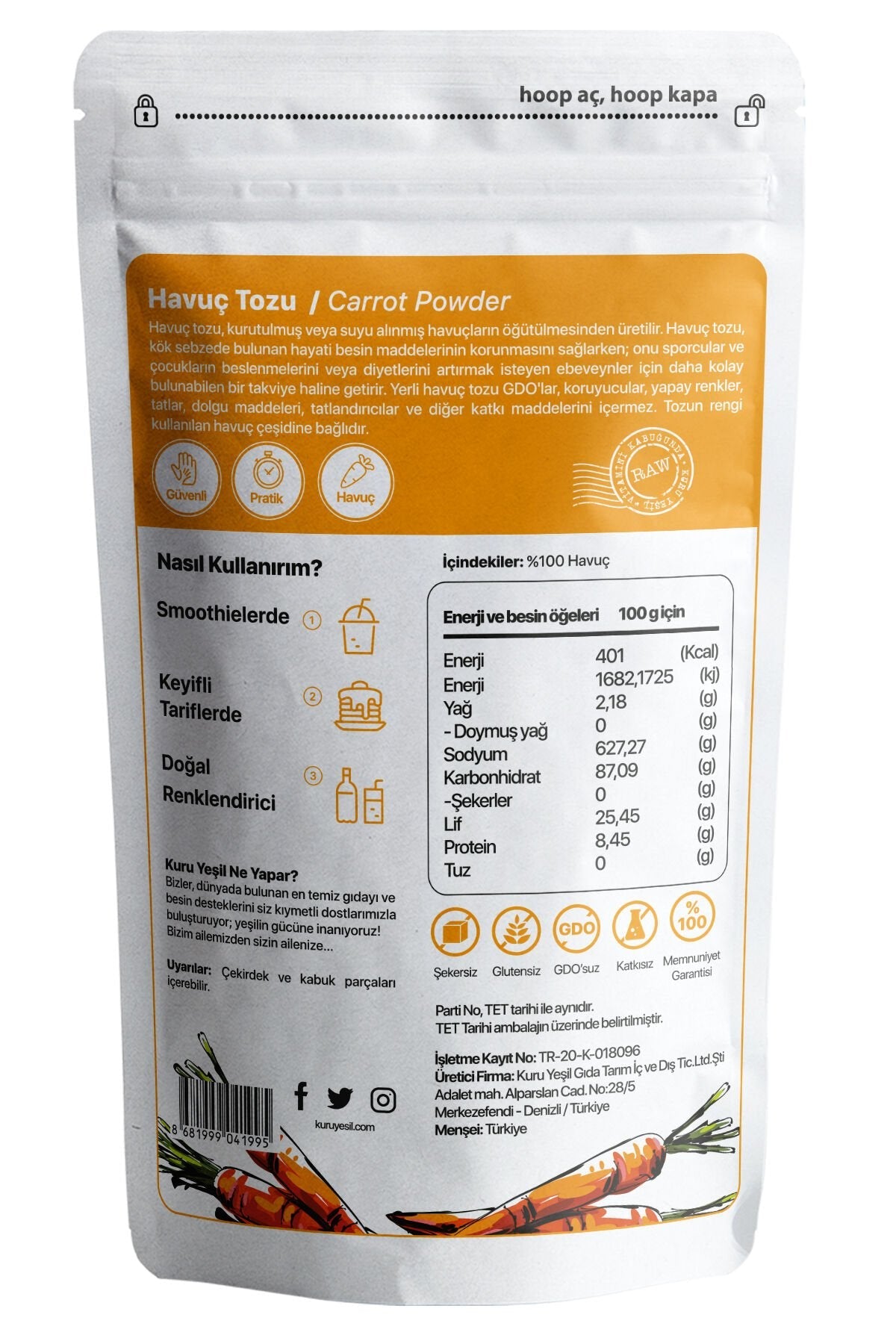 Kuru Yeşil Carrot Powder 100 g Vegetable Powder - EFENDINA PAZAR - Kuru Yeşil - 8681999041995
