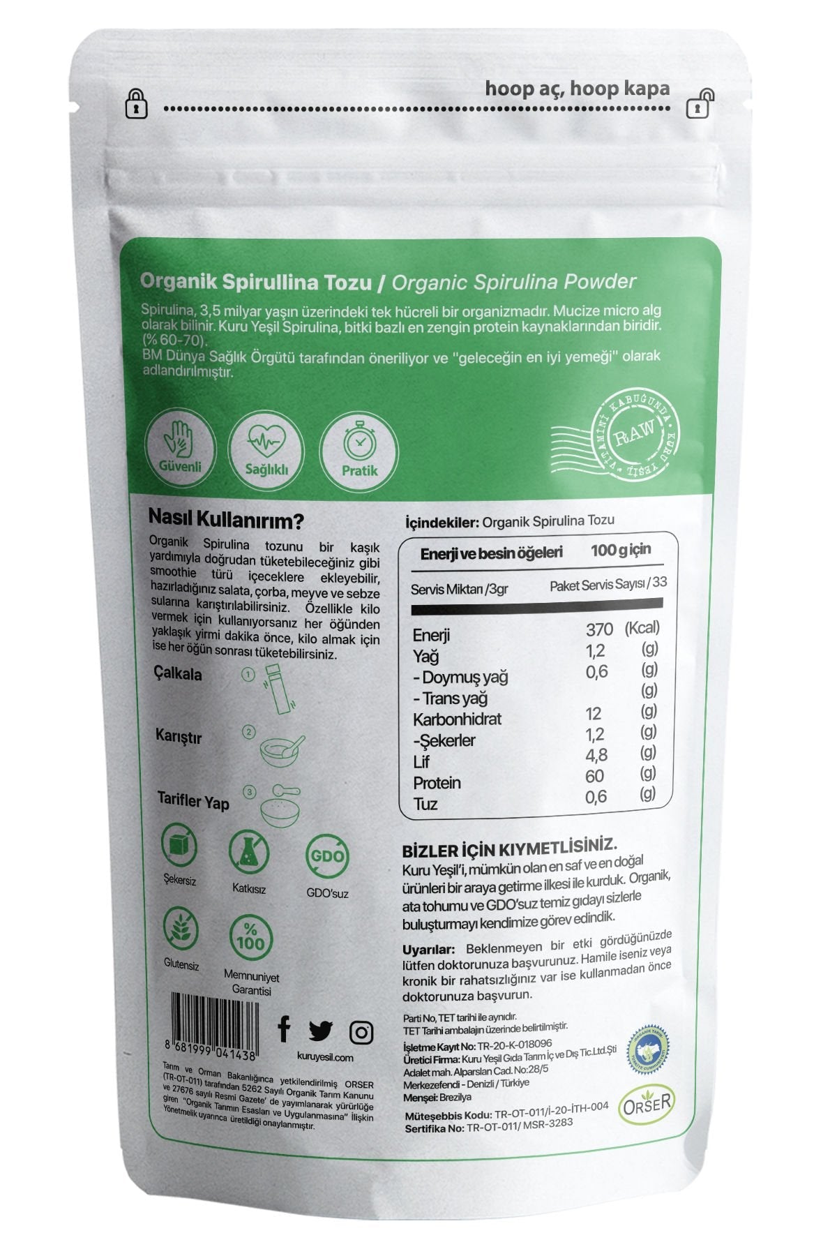 Kuru Yeşil Organic Acai Powder 50 g and Organic Spirulina Powder 100 g - EFENDINA PAZAR - Kuru Yeşil - 8681999041632