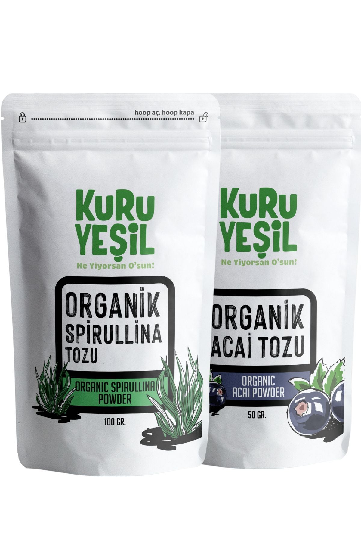 Kuru Yeşil Organic Acai Powder 50 g and Organic Spirulina Powder 100 g - EFENDINA PAZAR - Kuru Yeşil - 8681999041632