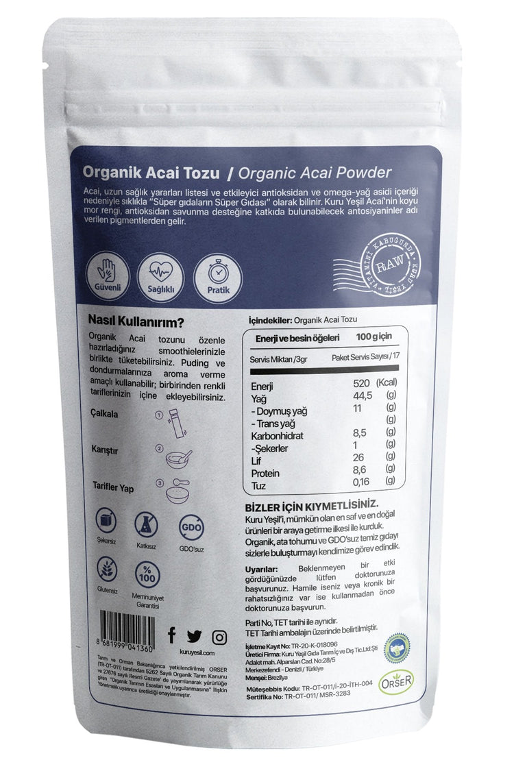 Kuru Yeşil Organic Acai Powder 50 g and Organic Spirulina Powder 100 g - EFENDINA PAZAR - Kuru Yeşil - 8681999041632