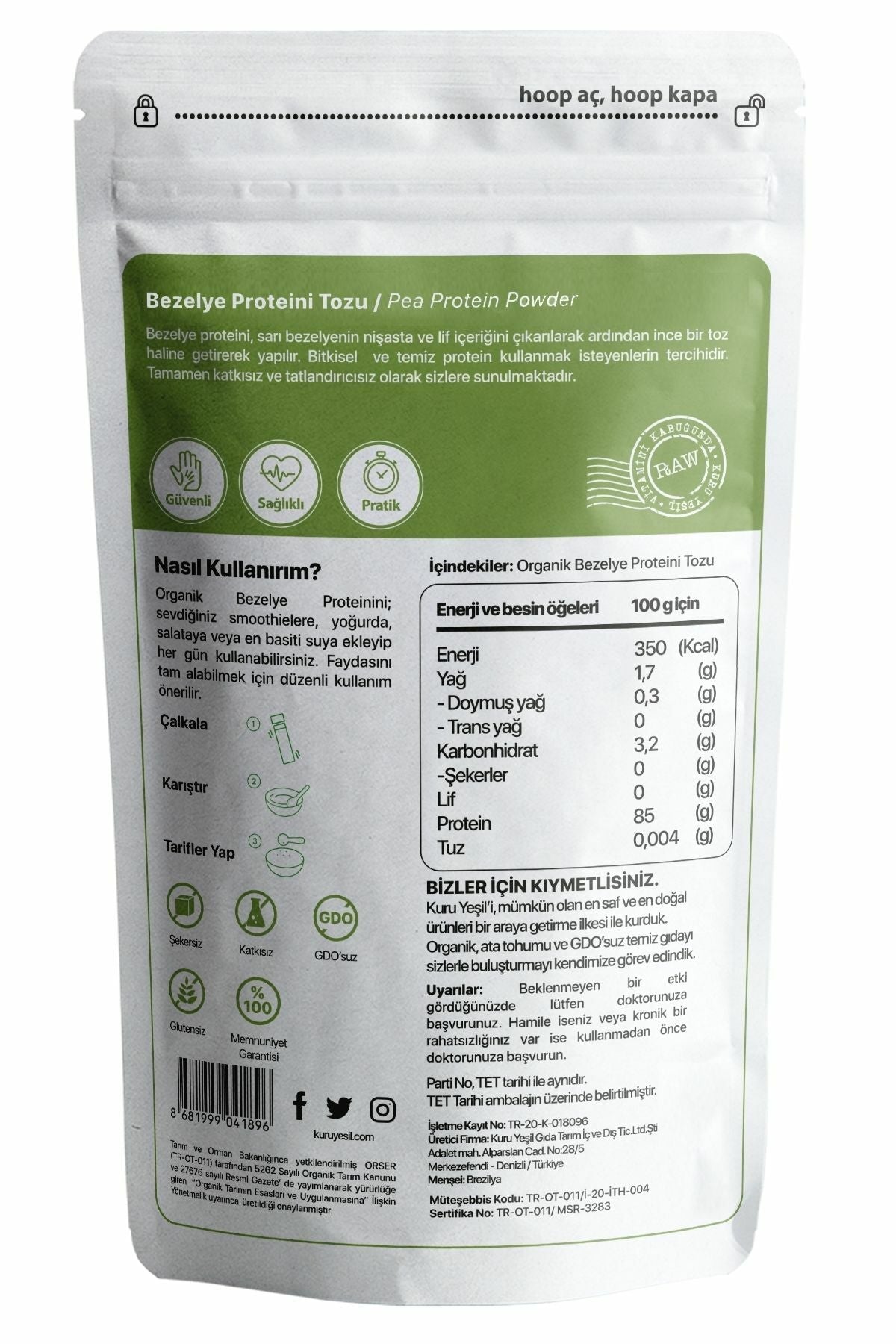 Kuru Yeşil Pea Protein Powder 100 g - EFENDINA PAZAR - Kuru Yeşil - 8681999041896
