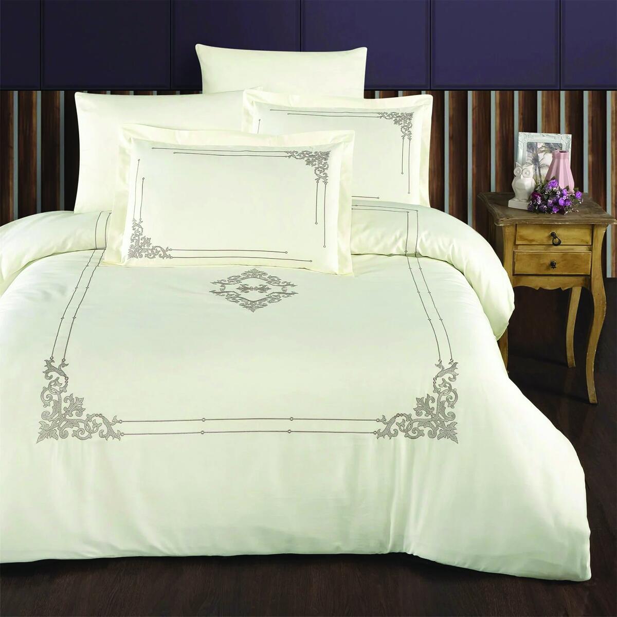 Damask Satin Cream Embroidered Double Duvet Cover Set