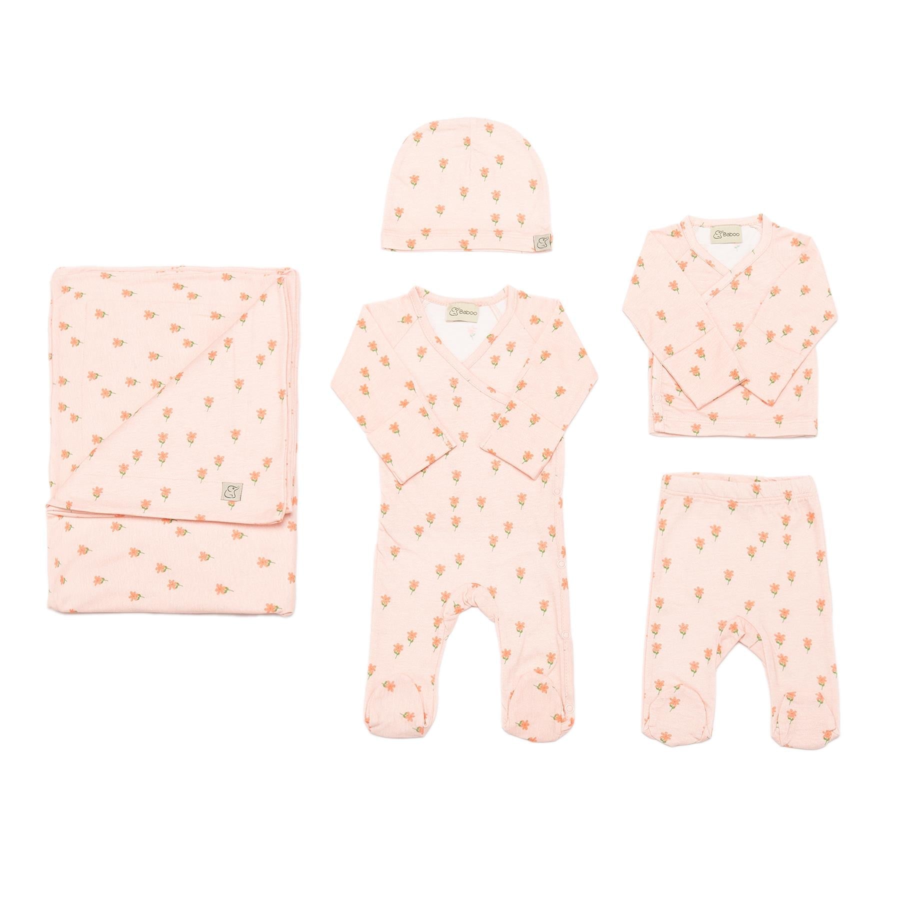 Newborn Patterned Organic Cotton Hospital Release Set of 5 Pink - EFENDINA PAZAR - BABOO - 8691810021983