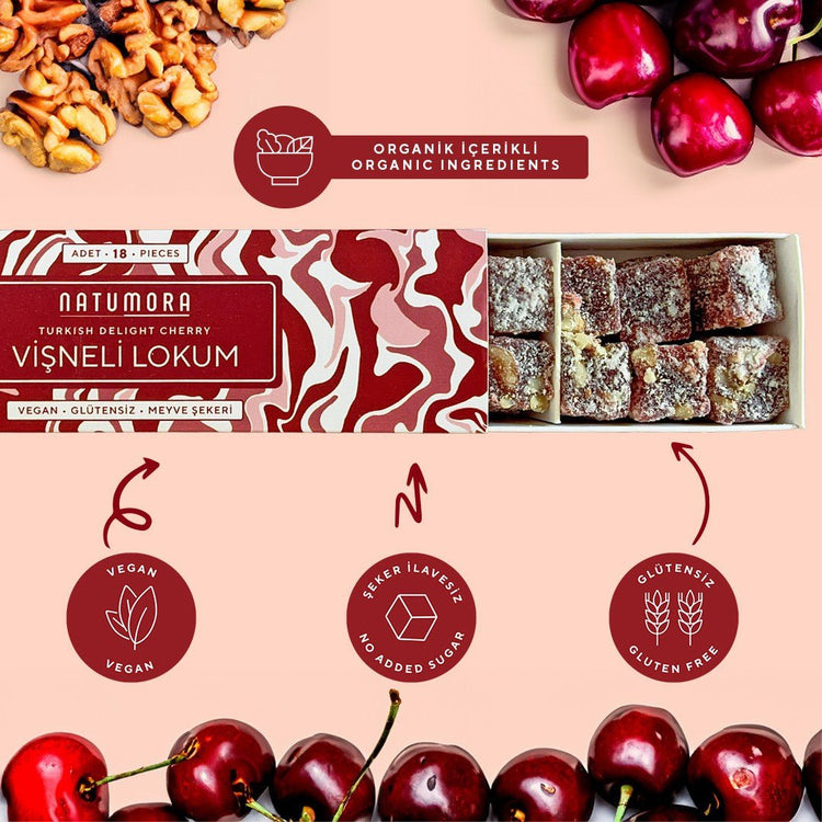 No Sugar Added Cherry &amp; Walnut Turkish Delight 180g - EFENDINA PAZAR - NATUMORA - 