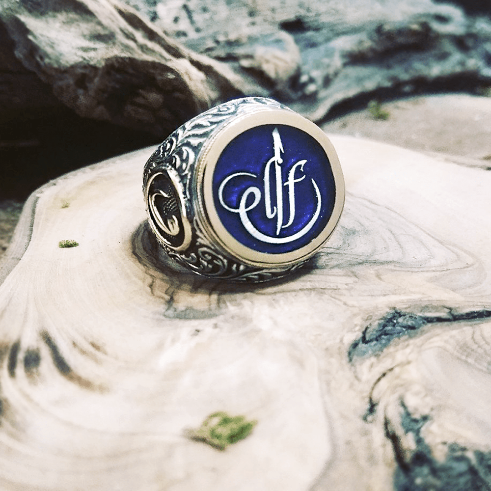 "و" Enameled Silver Men's Ring with Personalized Name - EFENDINA PAZAR - Tesbihane - 102000915
