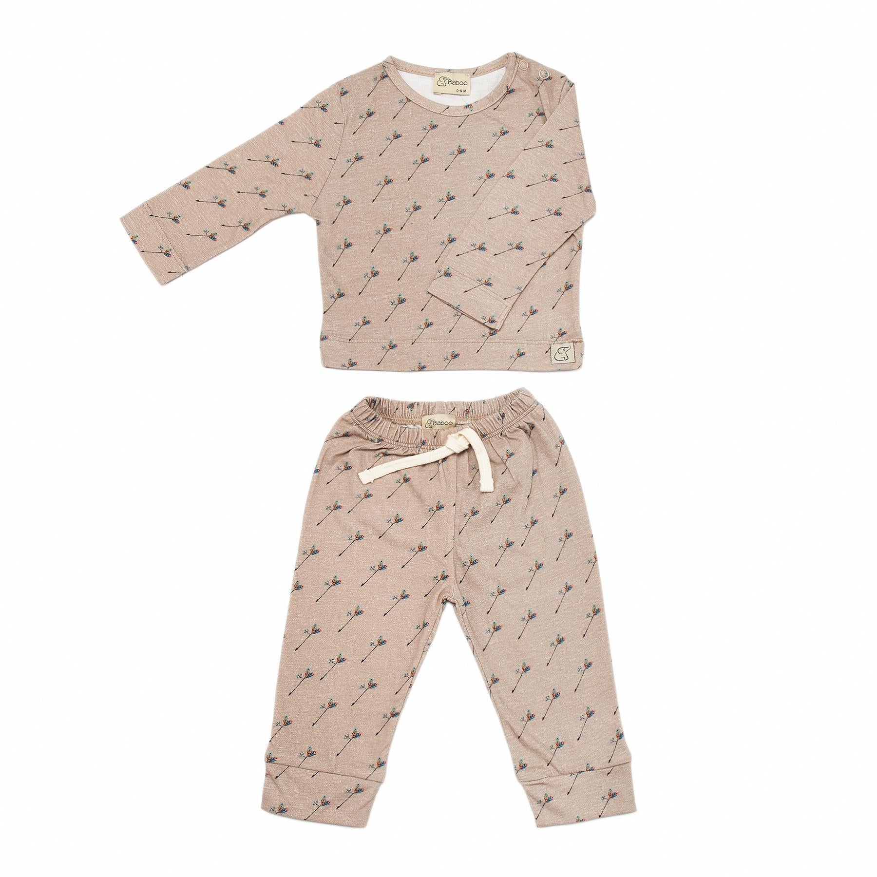 Patterned Organic Cotton Fabric Baby and Kids Bottom and Top Set Brown - EFENDINA PAZAR - BABOO - 8691810022546