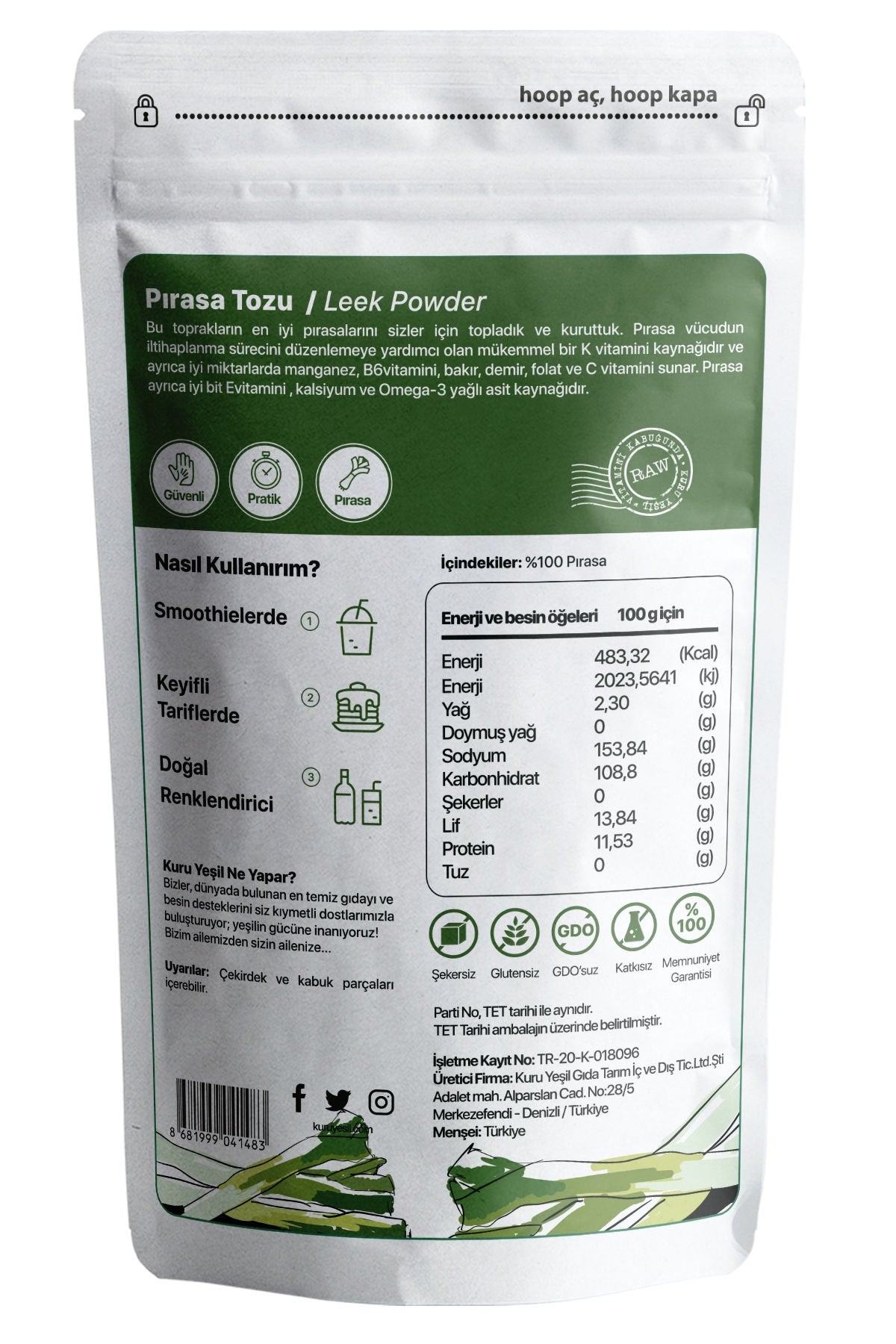 Kuru Yeşil Leek Powder 100 g Vegetable Powders Dried Vegetables