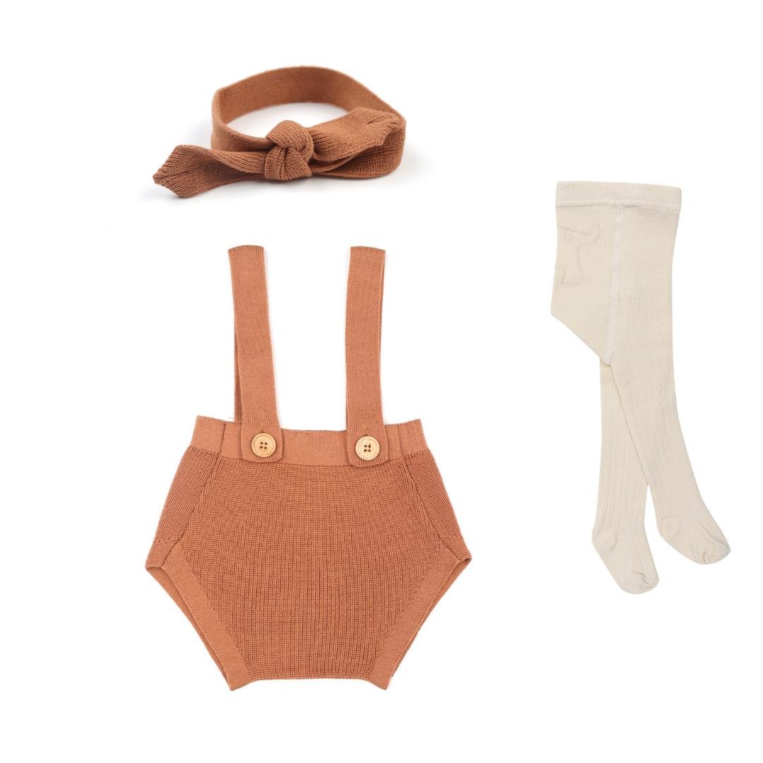 Plain Underpants Overalls Hair Band Socks Gift Set Brown - EFENDINA PAZAR - BABOO - 8691810009349