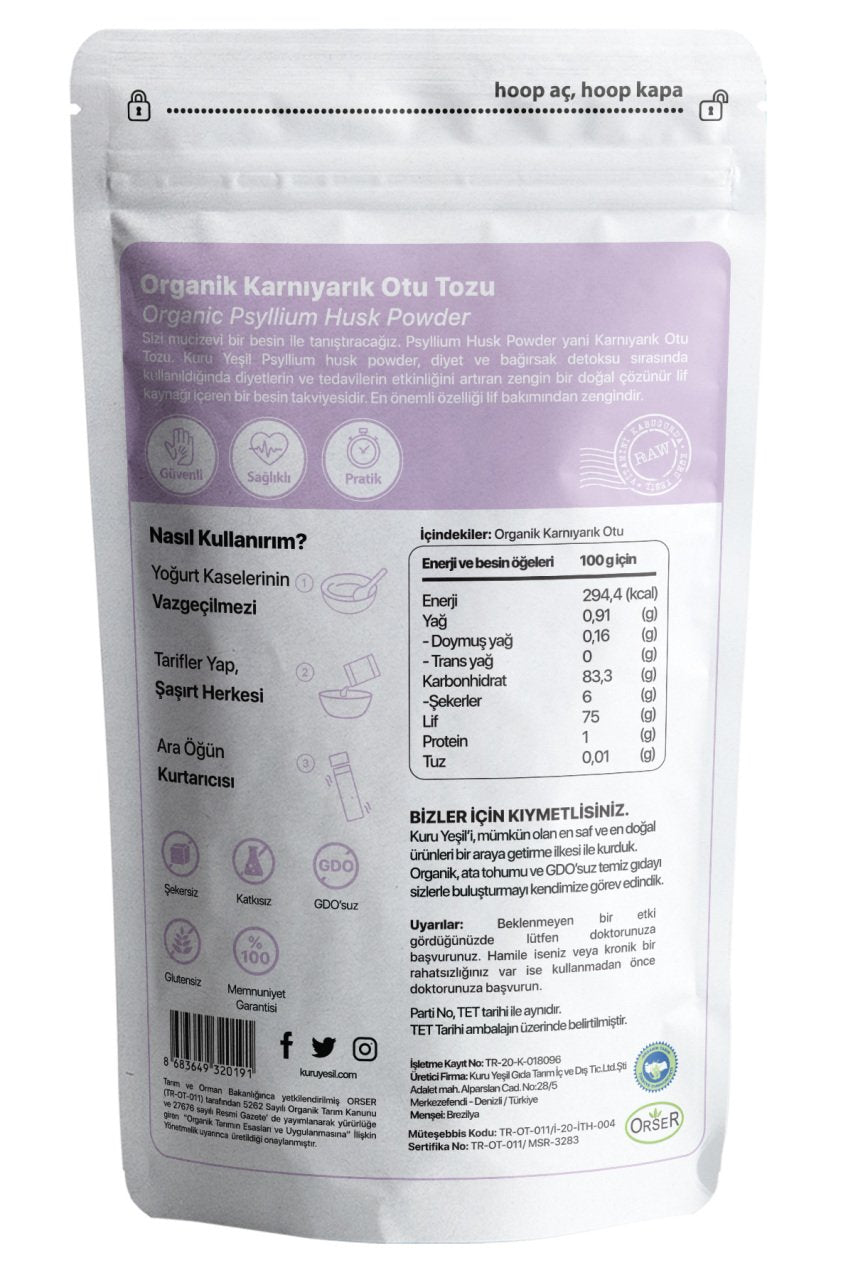 Kuru Yeşil Organic Psyllium Powder 100 g Gluten Free