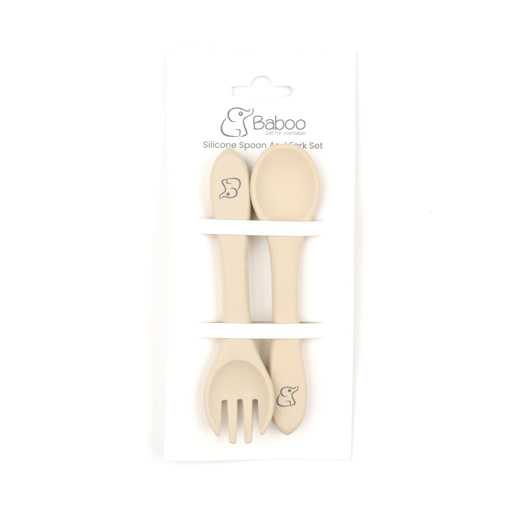 Silicone Baby Spoon Fork Set Cream - EFENDINA PAZAR - BABOO - 