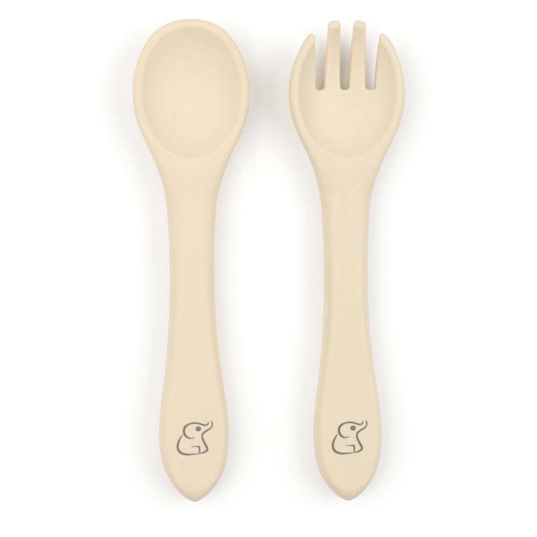 Silicone Baby Spoon Fork Set Cream - EFENDINA PAZAR - BABOO - 