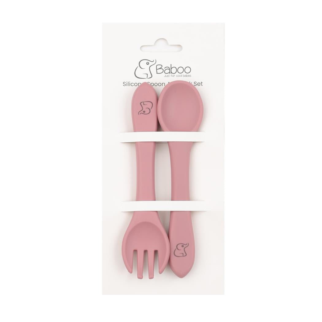 Silicone Baby Spoon Fork Set Pink - EFENDINA PAZAR - BABOO - 