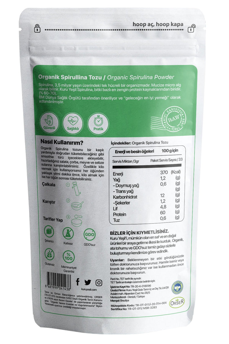 Kuru Yeşil Dry Green Organic Spirulina Powder 100 g