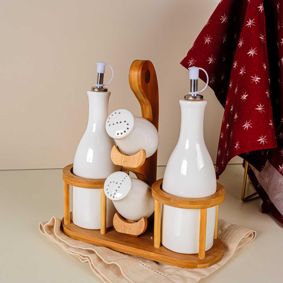 Ultraform Porcelain Oil and Vinegar Bowl Set with Wooden Stand