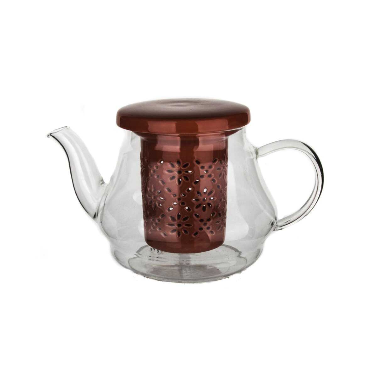 إبريق شاي من البورسلين مع مصفاة وغطاء باللون الأحمر