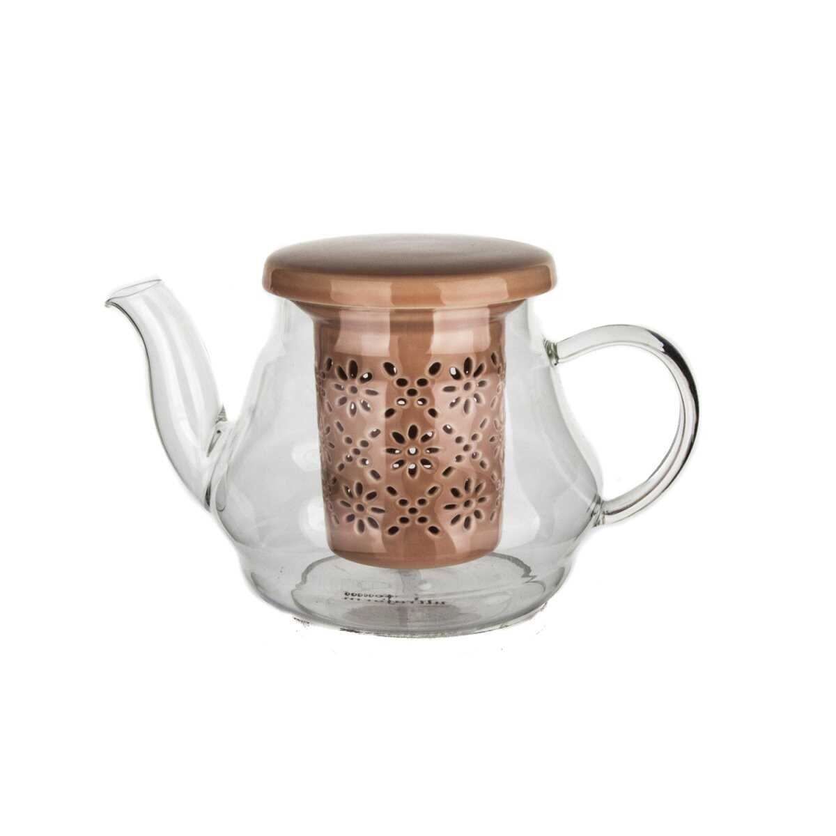 إبريق شاي من البورسلين مع مصفاة وغطاء باللون الوردي