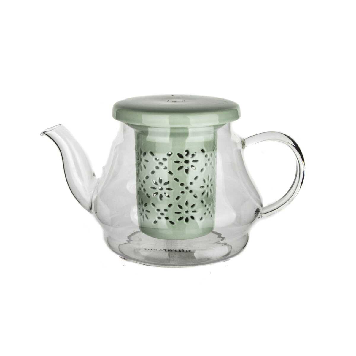 إبريق شاي من البورسلين مع مصفاة وغطاء باللون الأخضر